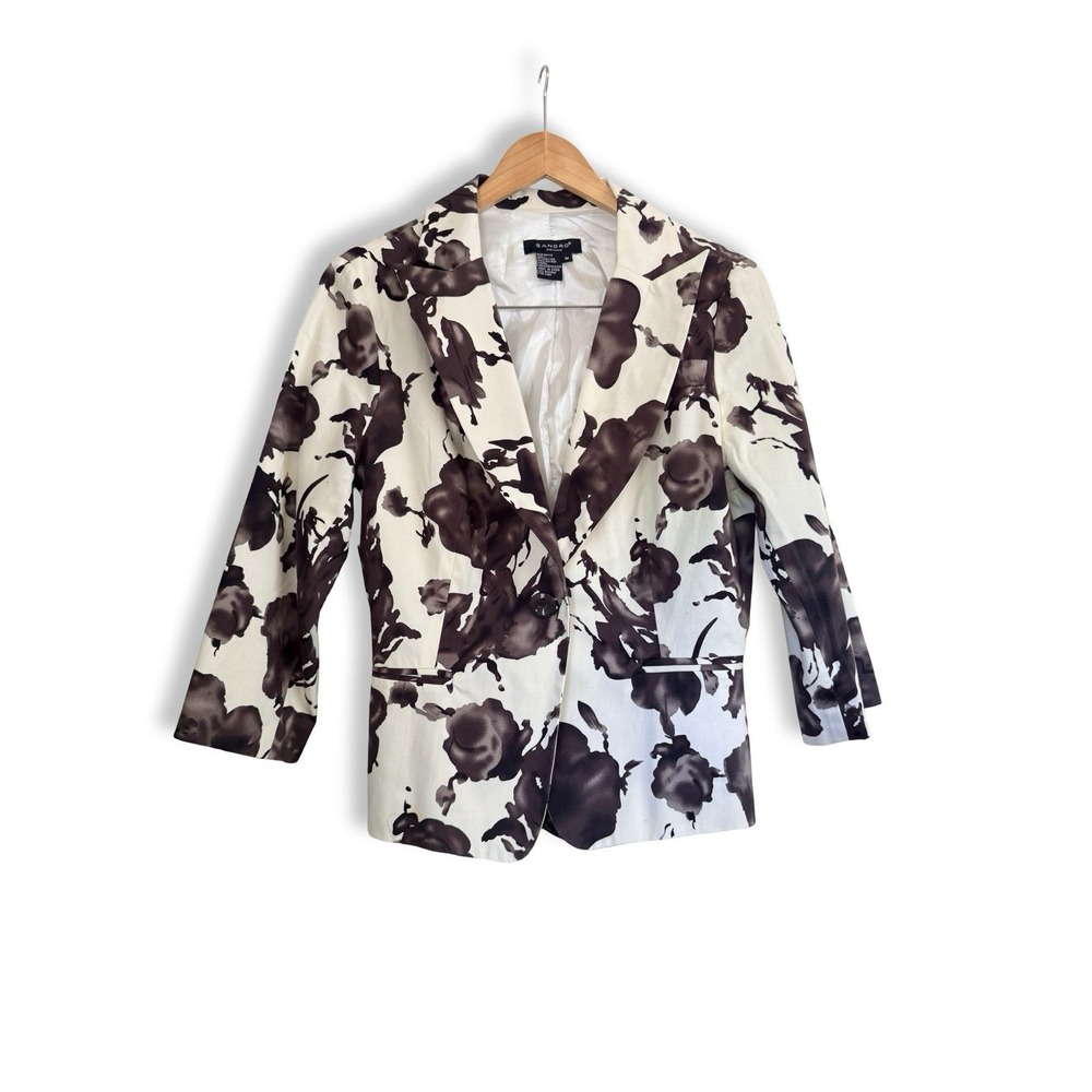 Sandro Jacket Womens Med VTG Black White Floral Blazer One Button Cotton Stretch